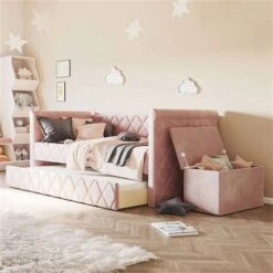 Nature Kid Vilena Sofabett Velour Rosa 90 X 200 Cm Mit Gästebett Und Spielzeugkiste