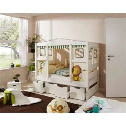 Ticaa Hausbett MINI Safari Kiefer Inkl Schubkästen Weiß Massivholz - Dessin: Safari - 80 X 160 Cm