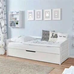 Ticaa Sofabett MINI Micki Buche Mit Zusatzbett Weiß Massivholz - 80x160 Cm - Inkl. 2 Matratzen