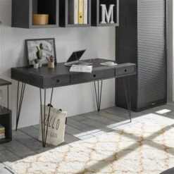 Mäusbacher Office Plus Schreibtisch - Drahtbeine 3 Schubladen | Schwarz Matt/flamed Wood Black